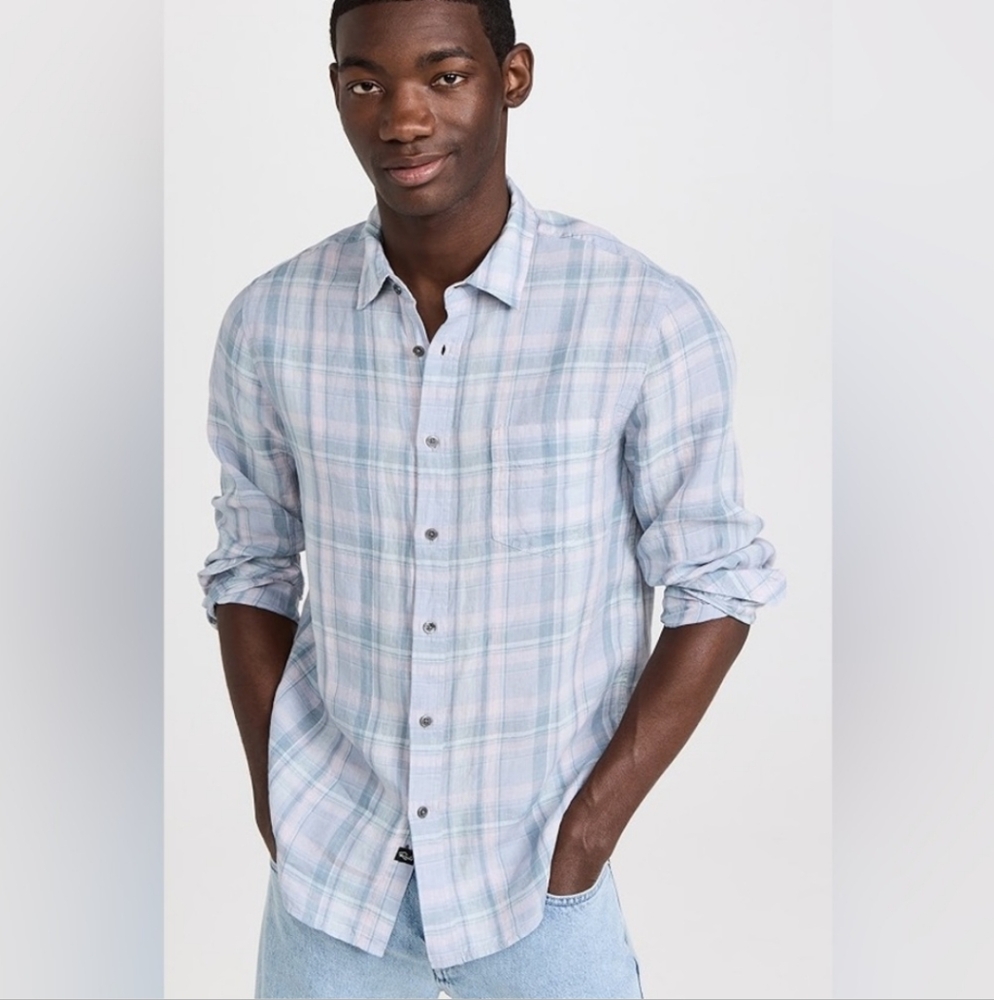 Rails Havana 100% Linen Button Up Shirt in Cerulean Jewel Plaid Size XL